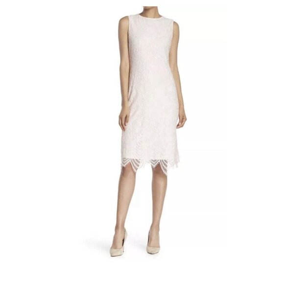 Sharagano Dresses & Skirts - Sharagano Lace Sheath Dress Women 8‎ Pink Sleeveless Modest Lined Scalloped Hem